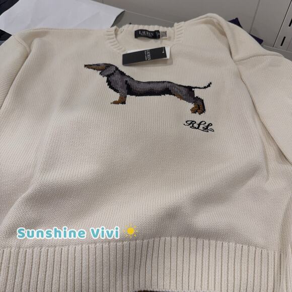 NWT Lauren Ralph Lauren Intarsia Dachshund dog Chalk Cotton Sweater XS - Picture 6 of 11